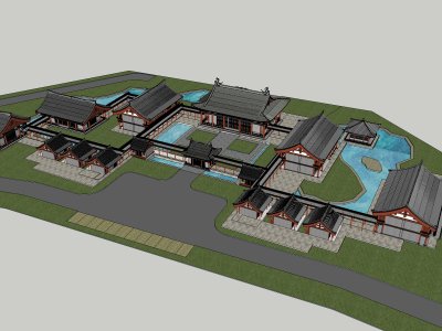 中式古建筑群，中式风格，两层