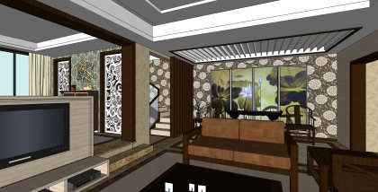 住宅室内，别墅客餐厅装饰设计，中式风格